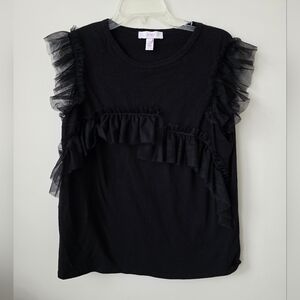 SCRIPTED | Tulle Ruffles Shirt Top Black Cotton Sz LARGE